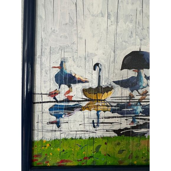 Whimsical Original Oil Painting of Ducks with Umbrellas - Picture 5 of 8